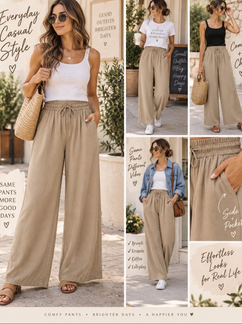 *Casual Wide-Leg Drawstring Pants in Khaki